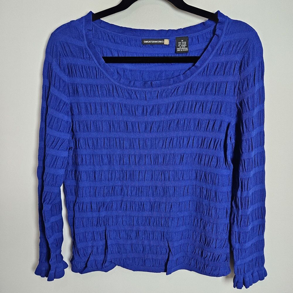 Sweaterworks Women's Top Size M Blue Textured Knit Stretch Blouse